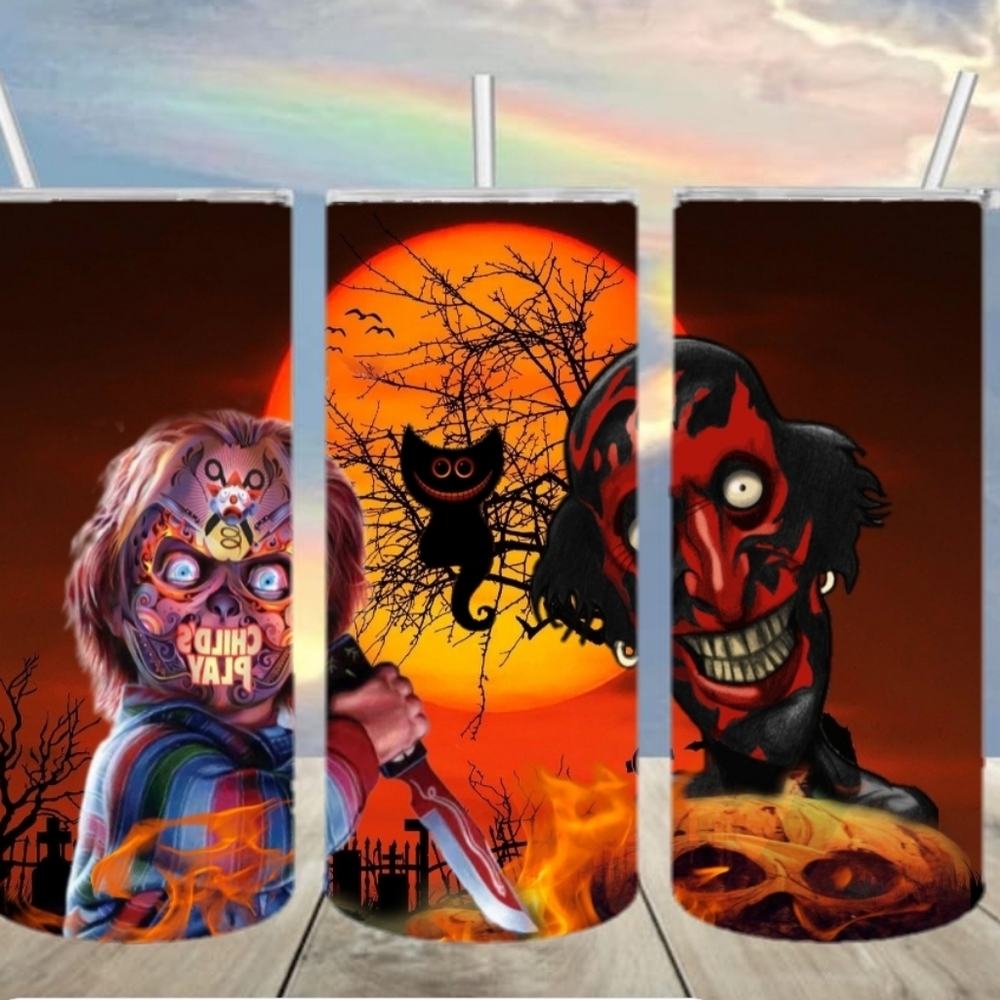 Chucky n Night Demon in hells fire Halloween tumbler